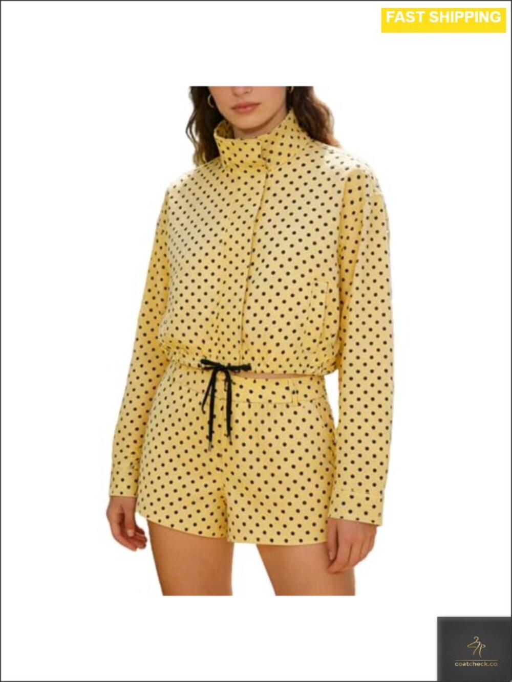 Womens Polka Dot Two Piece Set Cropped Zip Jacket and High Waisted Shorts